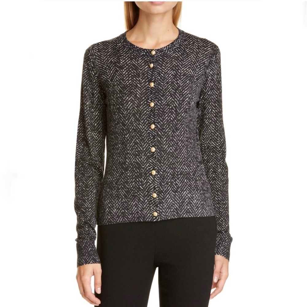 Dolce & Gabbana Current Season DG Logo Button Herringbone Print Wool Cardigan